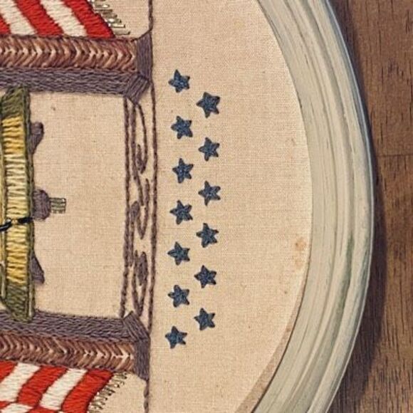 Vintage Liberty Bell Framed Crewel Needlework Americana 13” Round Patriotic Art - Picture 6 of 9